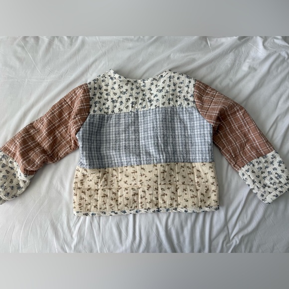 Quilted Plaid Floral Open Jacket Large Cream Blue Brown Cottagecore - Picture 6 of 7